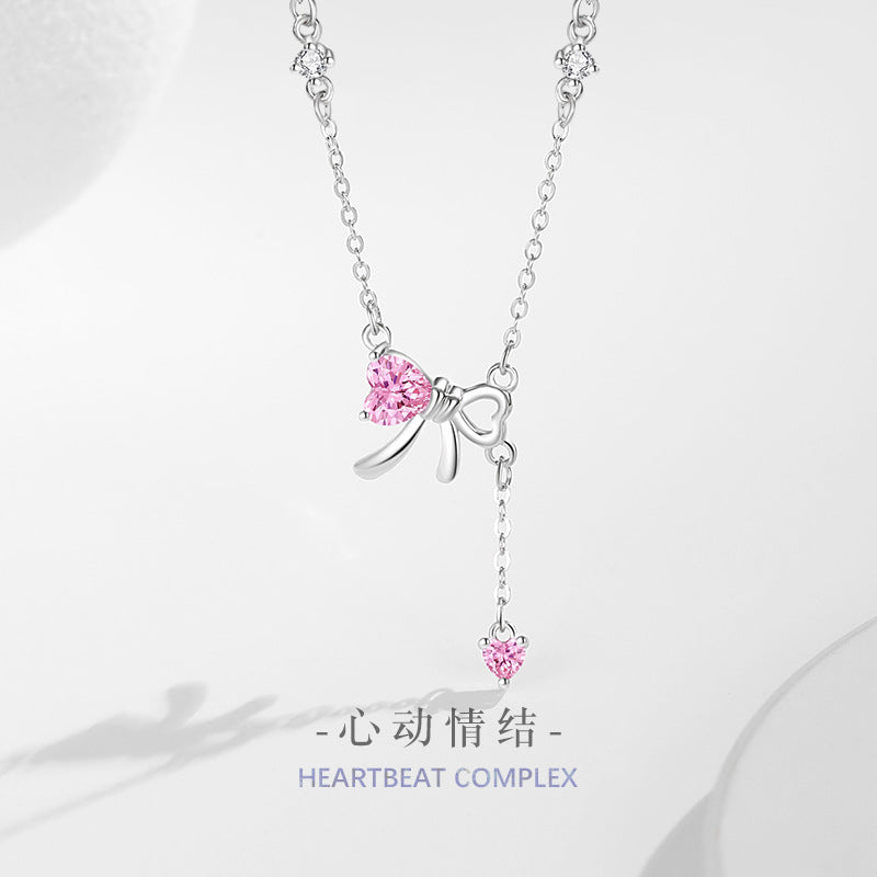 Bow Sterling Silver 925 Necklace Female Cute Sweet Style Pink Zircon Clavicle Chain Ins High-Grade Love Pendant