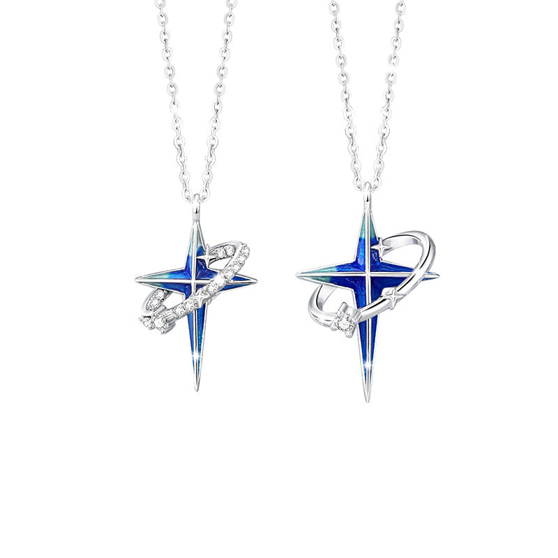 Star Sterling Silver 925 Couple Necklace Female Light Luxury Planet Zircon Clavicle Chain Get Things Ins Style Four Awn Star Pendant