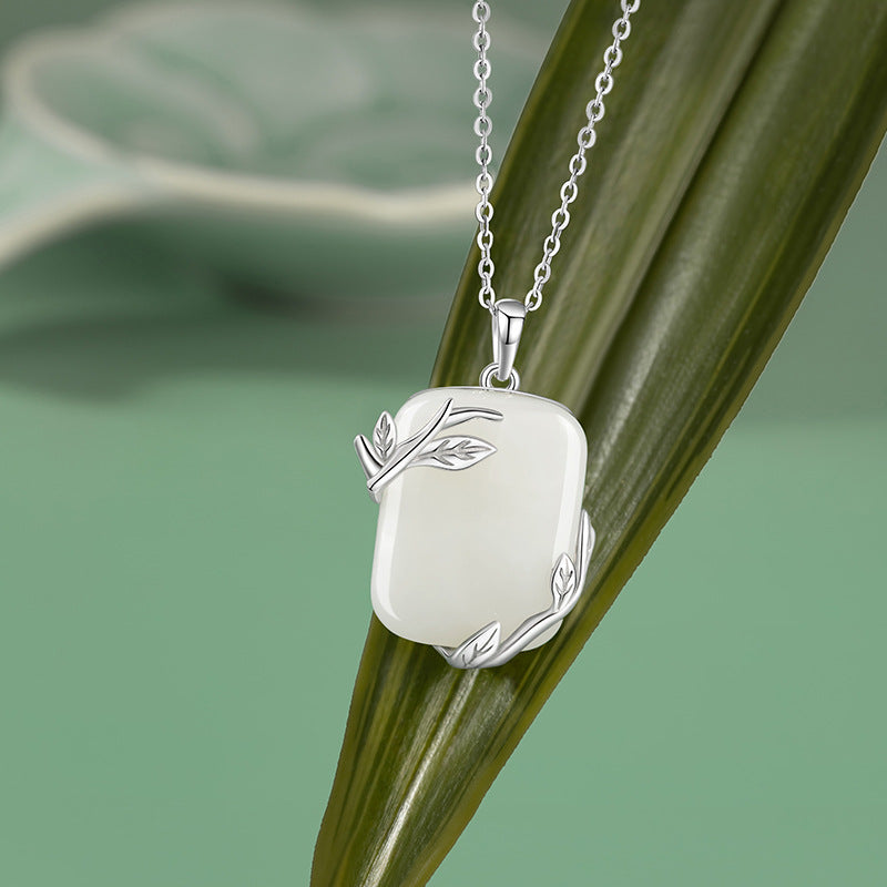 Flowers like Brocade Sterling Silver 925 Necklace Women's New Chinese National Fashion Hetian Jade Square Clavicle Chain Ins Style Branch Pendant