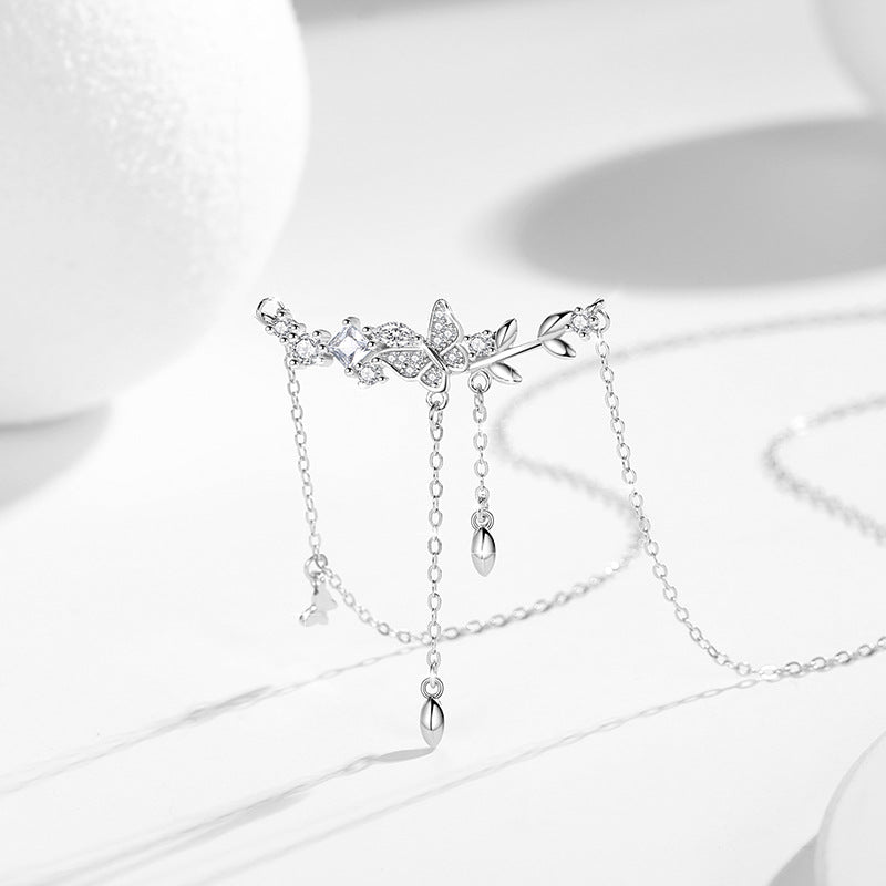 Butterfly Sterling Silver 925 Necklace Female Personality Fashion Versatile Zircon Clavicle Chain Ins Delogistics Su Flower Pendant