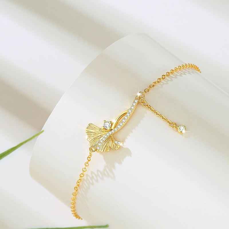 Sansheng Lucky Sterling Silver 925 Bracelet Female Niche Design Light Luxury Zircon Tassel Bracelet Ins Ginkgo Leaf Bracelet