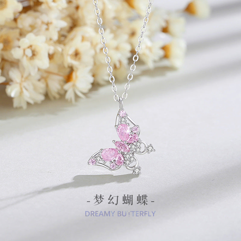 Fantasy Butterfly Sterling Silver 925 Necklace Female Niche Light Luxury Sweet Style Pink Zircon Clavicle Chain Ins Love Pendant