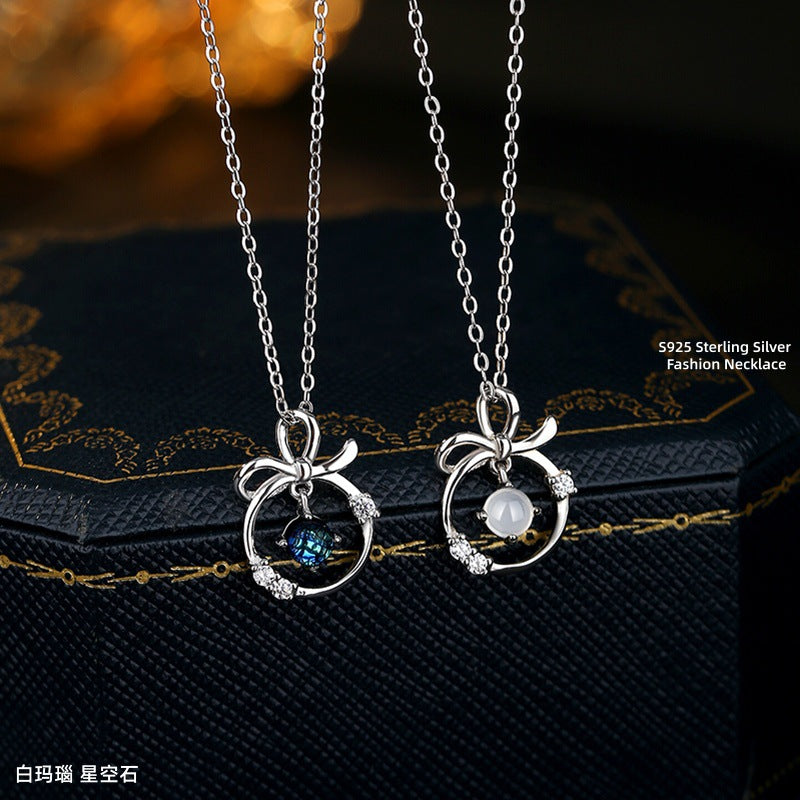 S925 Sterling Silver Natural White Agate Necklace Women's New Chinese Tassel Leaf Clavicle Chain MORI National Style Pendant Silver Jewelry