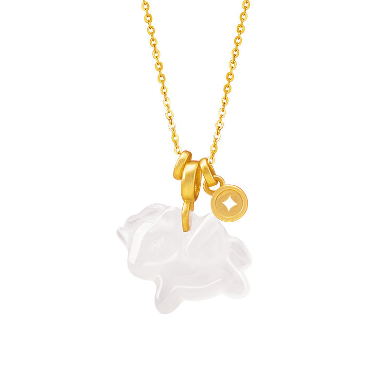 Immediately Rich Sterling Silver 925 Necklace Women's New Chinese Style Birth Year White Agate Copper Coin Clavicle Chain Zodiac Horse Pendant