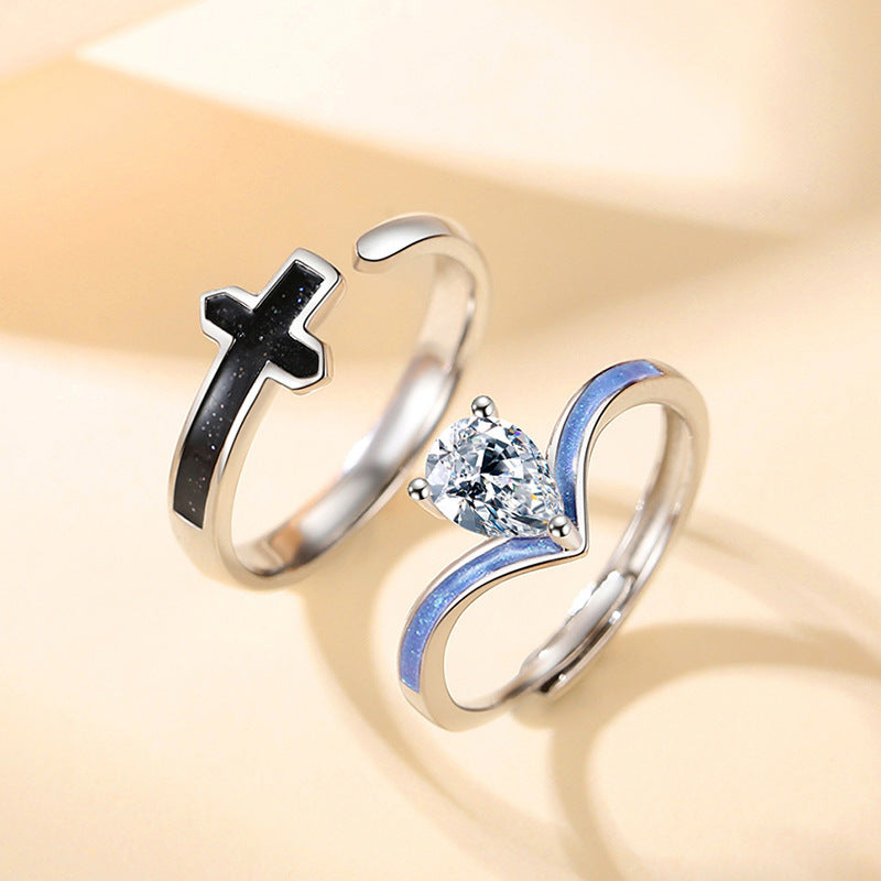 Princess and Knight Sterling Silver 925 Couple Ring Men's and Women's Niche Design Style Cross Zircon Crown Ring