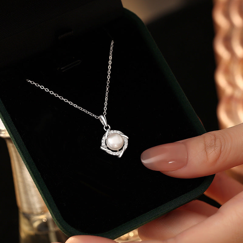 S999 Pure Silver Necklace Women's Rotating Windmill Freshwater Pearl Pendant Clover Light Luxury Temperament Gift Jewelry Wholesale