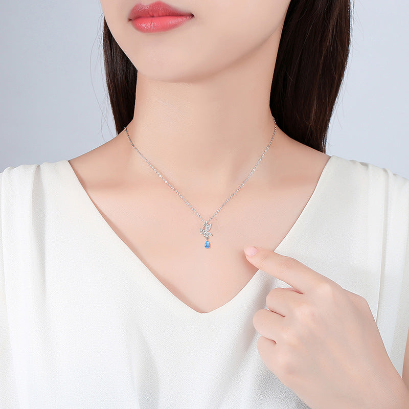 Butterfly Sterling Silver 925 Necklace Female Niche Design Light Luxury Water Drop Clavicle Chain Get Things Ins Style Zircon Pendant