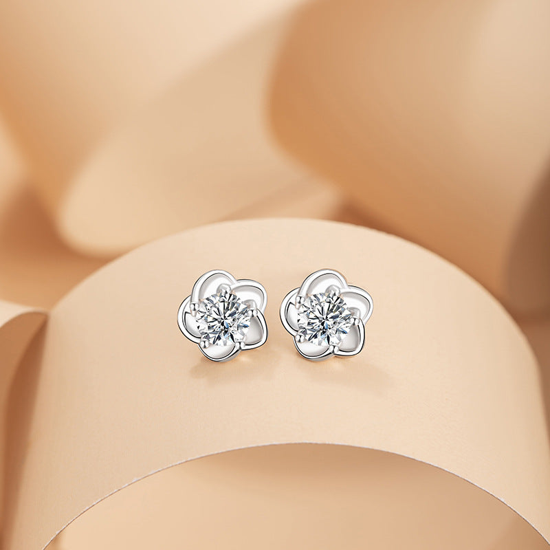 Cherry Blossom Sterling Silver 925 Stud Earrings Female Niche Design Light Luxury Flower Earrings Ins Style Small Peach Blossom Zircon Earrings