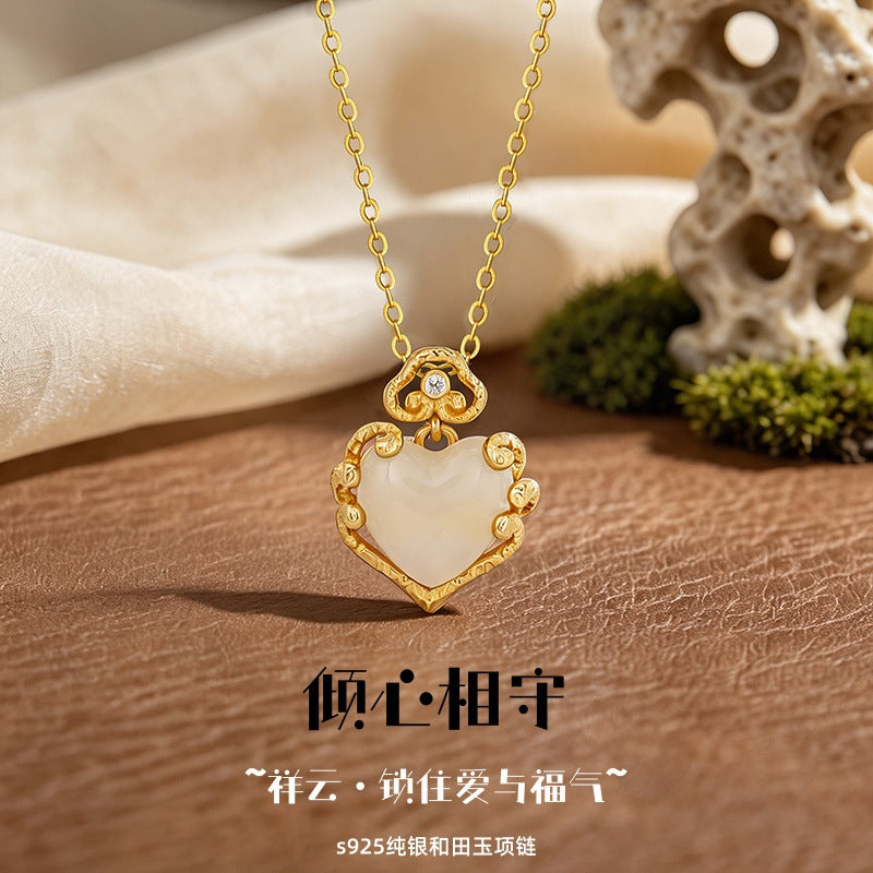 Natural Hetian Jade Necklace Women's Light Luxury S925 Sterling Silver Love Auspicious Cloud Relief Design Clavicle Chain Wholesale for Girlfriend