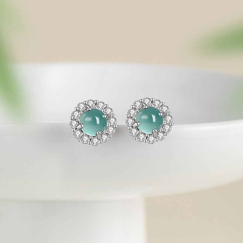 Sunflower Sterling Silver 925 Stud Earrings Women's Light Luxury High-Grade Natural Blue Water Dangerous Jade Earrings Ins Flower Earrings