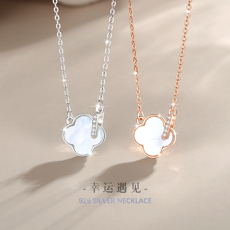 Lucky Clover Sterling Silver 925 Necklace Women's Fashion All-Match Zircon Clavicle Chain Goods Ins White Fritillary Pendant