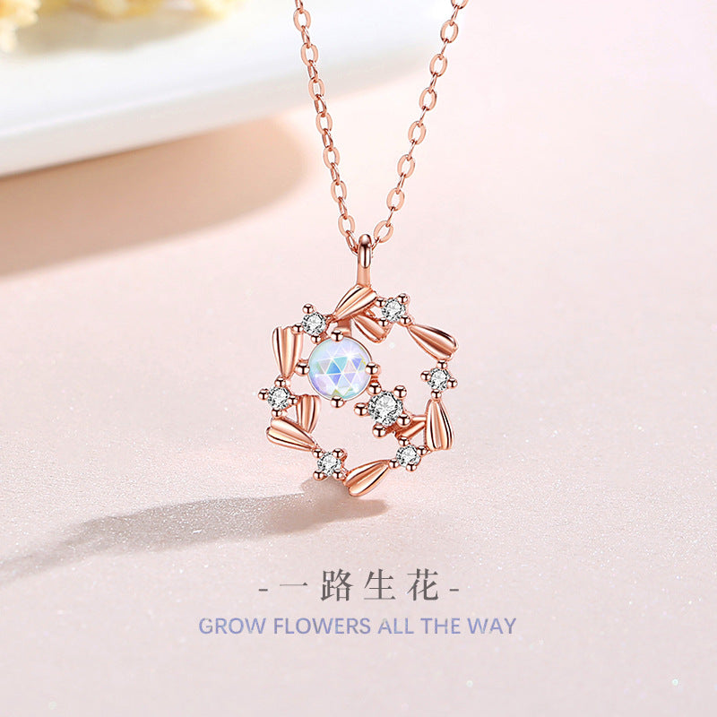 Lucky Garland Sterling Silver 925 Necklace Female Niche Design Light Luxury Zircon Clavicle Chain Ins Style Glazed Stone Pendant