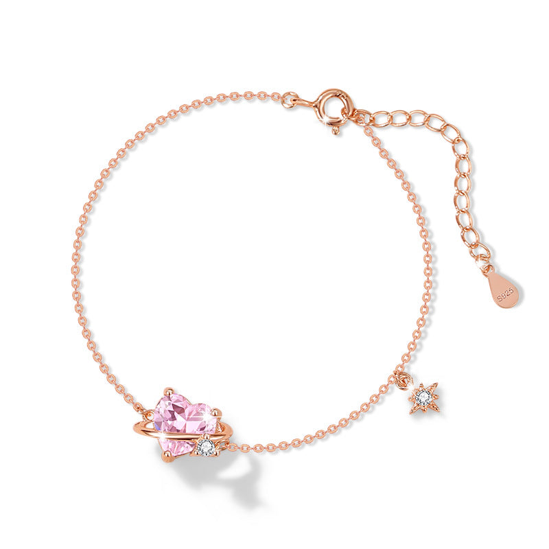 Planet Sterling Silver 925 Bracelet Female Niche Design Light Luxury Pink Diamond Bracelet Get Things Ins Style Love Zircon Bracelet