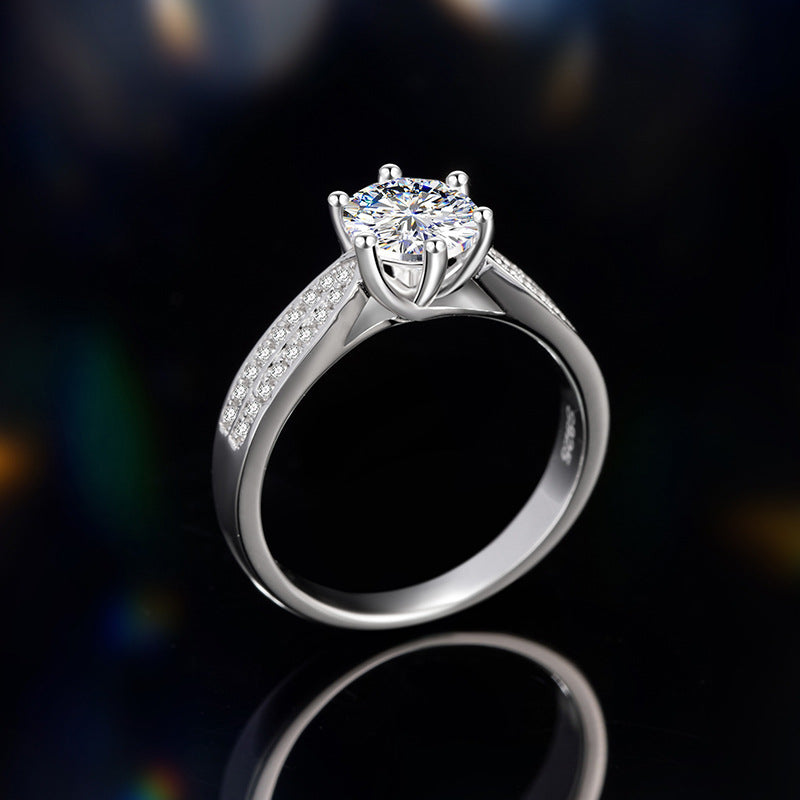 Sterling Silver S925 Diamond Ring Women's Light Luxury Fashion Moissanite Ring 1 Karat-Row Diamond Six-Claw Cross-Border Wedding Ring