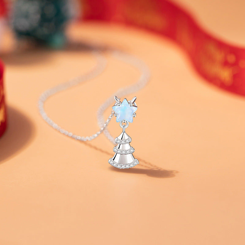 Christmas Tree Sterling Silver 925 Necklace Female Niche Design Light Luxury Glass Stone Clavicle Chain Ins Style Star Pendant