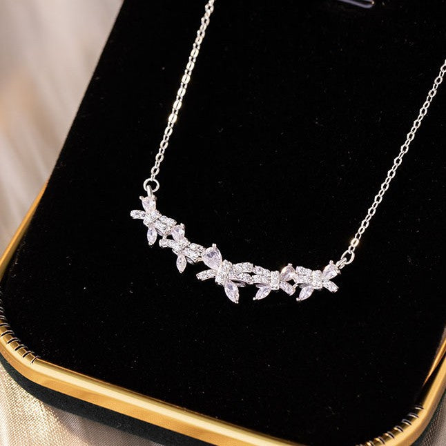 Bowknot Sterling Silver 925 Necklace Women's Light Luxury High-Grade Floral-like Brocade Clavicle Chain Ins Little Red Book Same Pendant
