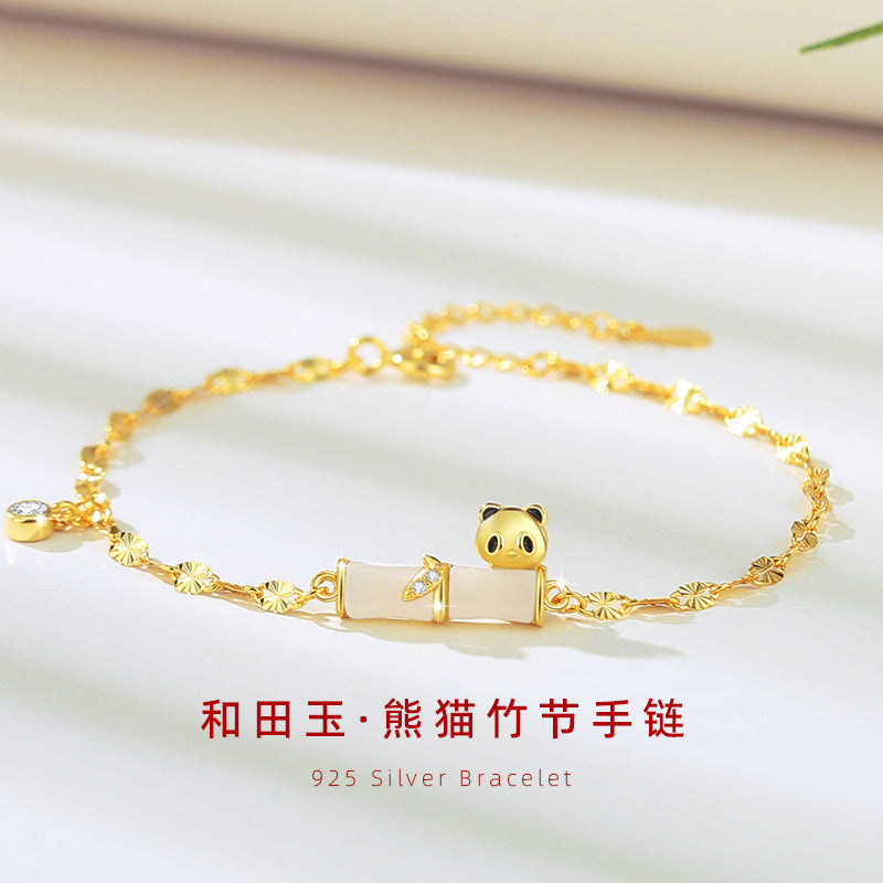 Bracciale in argento sterling 925 – panda e bambù e giada Hetian