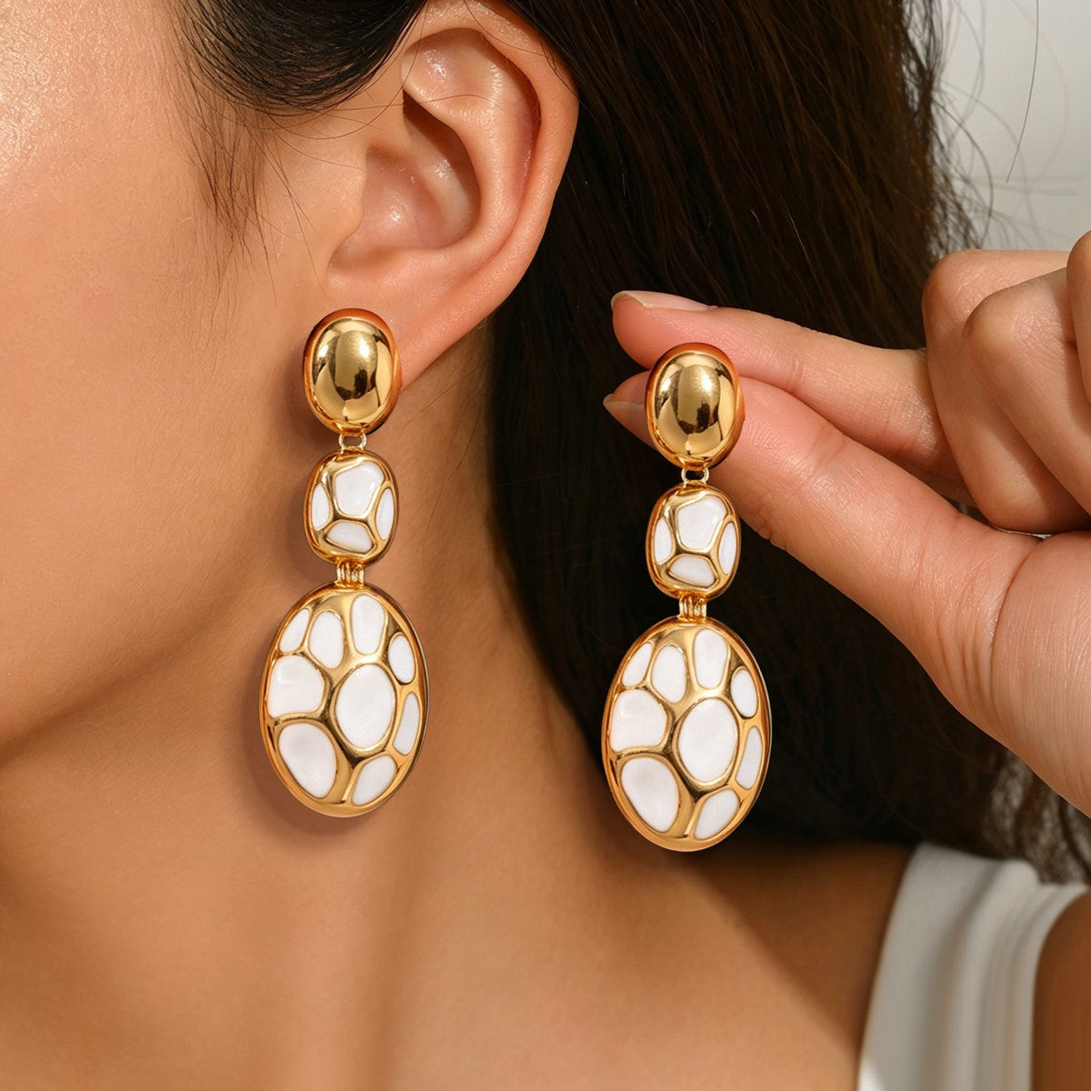 White Mosaic Oval Drop Earrings