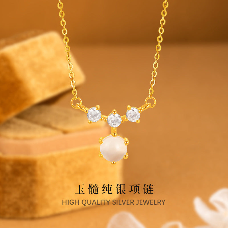 Natural White Chalcedony S925 Sterling Silver Necklace Women's Light Luxury Niche Clavicle Chain Silver Jewelry Live Delivery One-Piece Delivery