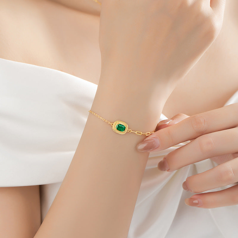 Square Sugar Sterling Silver 925 Bracelet Female Niche Design High-Grade Emerald Zircon Bracelet Ins Style Cross-Border Bracelet