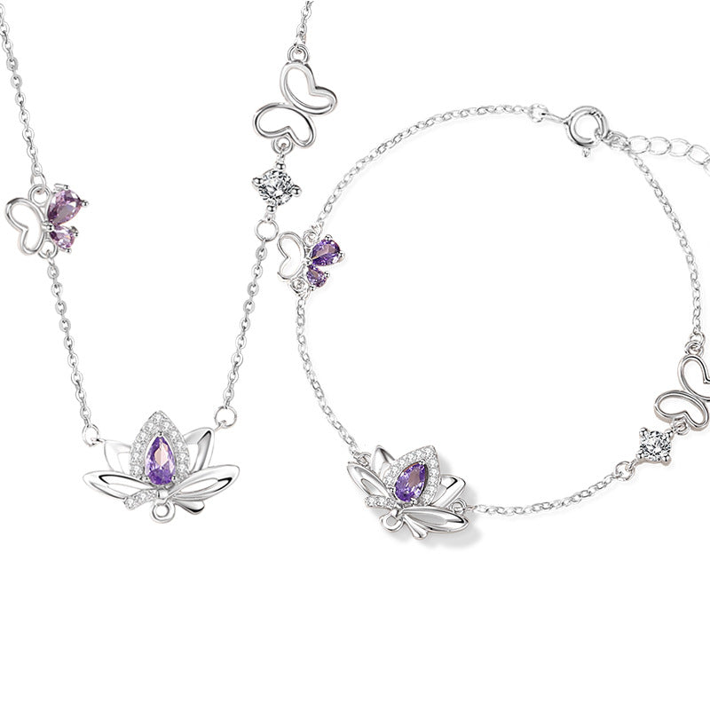 Lotus Sterling Silver 925 Necklace Women's Fashion Versatile Butterfly Zircon Clavicle Chain Ins Style Good Luck Lotus Pendant