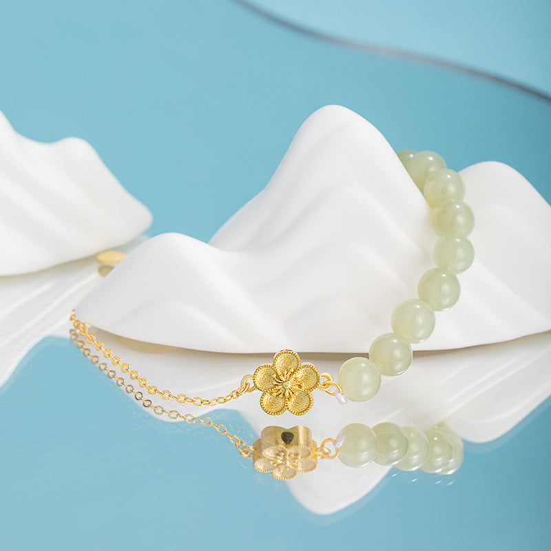 Peach Blossom Sterling Silver 925 Hetian Jade Bracelet Female New Chinese National Fashion Cherry Blossom Bracelet Ins Style Flower Bracelet