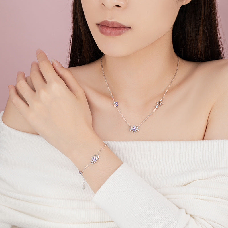 Lotus Sterling Silver 925 Necklace Women's Fashion Versatile Butterfly Zircon Clavicle Chain Ins Style Good Luck Lotus Pendant