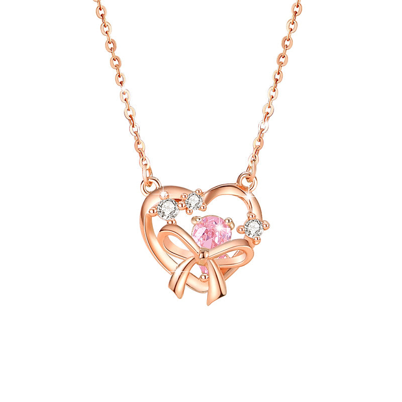 Lovely Sterling Silver 925 Necklace Female Niche Design Light Luxury Pink Diamond Clavicle Chain Get Things Ins Style Bow Pendant