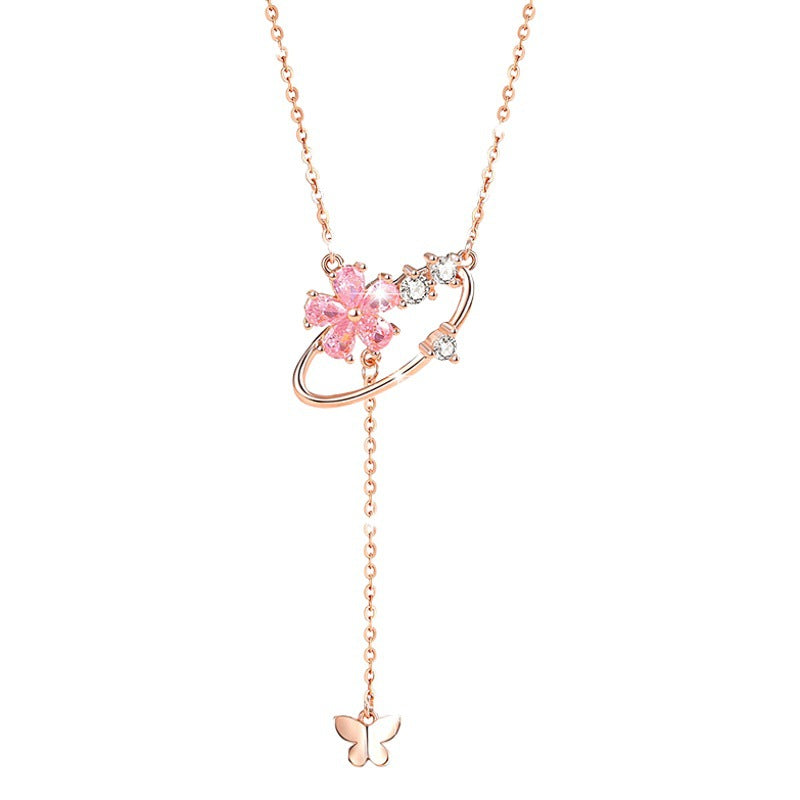 Cherry Blossom Sterling Silver 925 Necklace Female Niche Design Light Luxury Pink Diamond Clavicle Chain 520 Valentine's Day Tassel Pendant