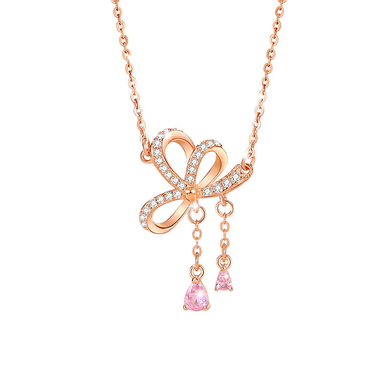 Bowknot Sterling Silver 925 Necklace Women's Fashion All-Match Love Clavicle Chain, INS Style Zircon Tassel Pendant