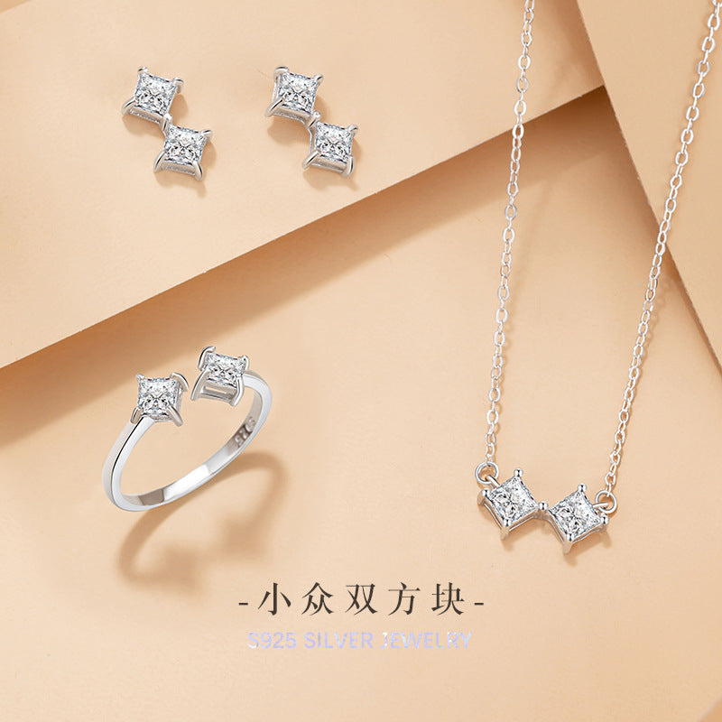 Small Square Sterling Silver 925 Stud Earrings Female Niche Design Light Luxury Star Zircon Earrings Ins Style Square Earrings