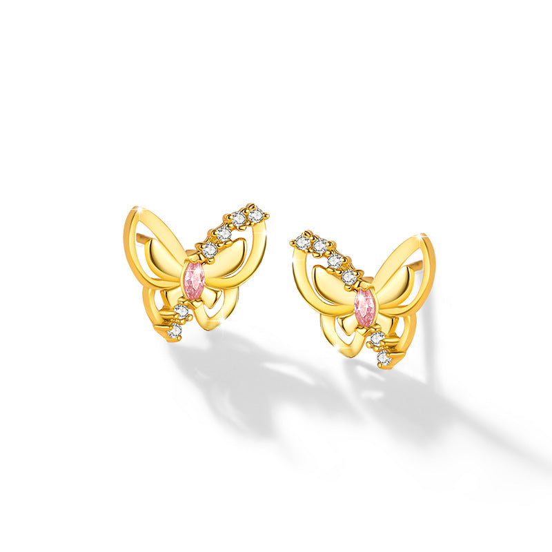 Butterfly Sterling Silver 925 Stud Earrings Female Niche Design Light Luxury Pink Diamond Zircon Earrings Ins Style Wings Girlfriends Stud Earrings