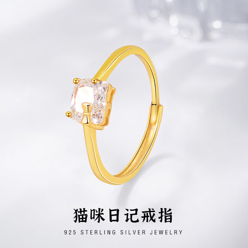 Lucky Cat Sterling Silver 925 Ring Female Sweet Cute Bow Zircon Ring Valentine's Day Gift Pair Ring