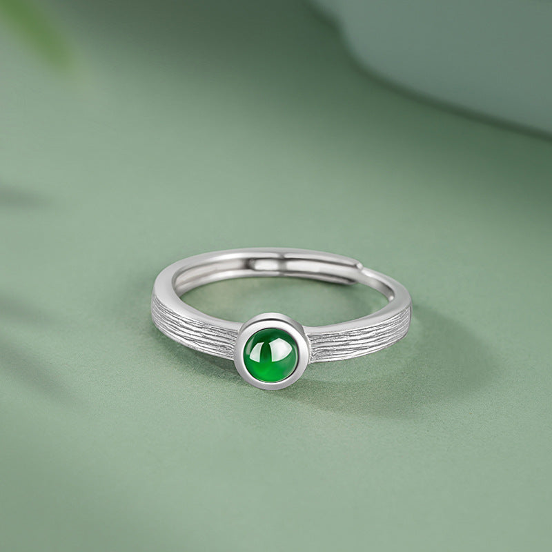 Natural Dangerous Jade Sterling Silver 925 Ring Female Niche Design Light Luxury Ring Ins High-Grade round Ring