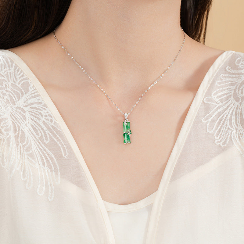 High-Rise Sterling Silver 925 Necklace Women's New Chinese Style Natural Jade Bamboo Clavicle Chain Ins Style Bamboo Pendant