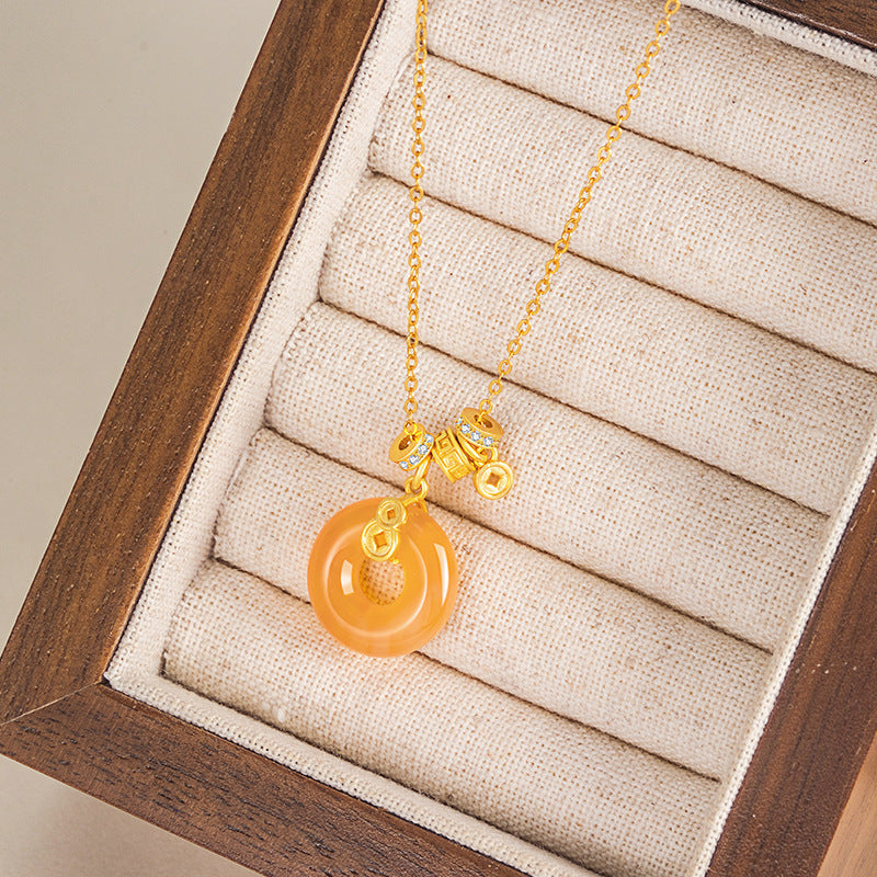 Fu Lu Double Full Sterling Silver 925 Necklace Women's Light Luxury Copper Coin Sugar Red Agate Clavicle Chain Ins Style Gourd Pendant