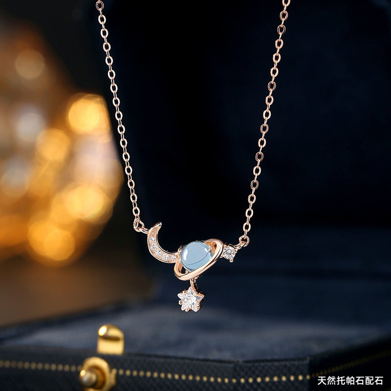 Original Design S925 Sterling Silver Necklace Women's Natural Topaz Starry Sky Stone Pendant Niche Star Moon Planet Clavicle Chain