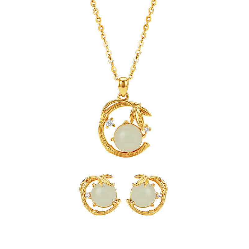 National Style Hetian Jade Has Enough Set for You S925 Sterling Silver Necklace Earrings Light Luxury Clavicle Chain Valentine's Day Gift for Women