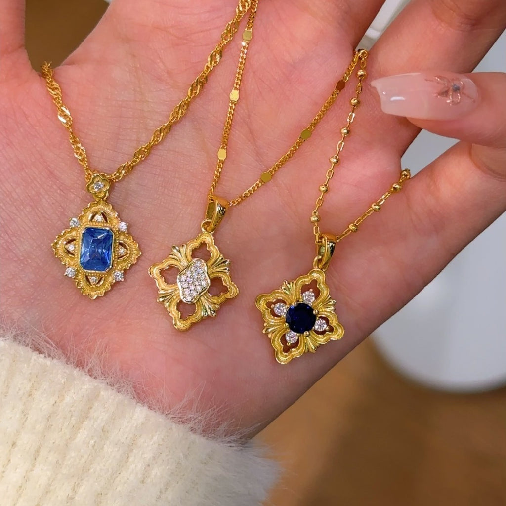 Gold Lace Sterling Silver 925 Necklace Vintage Buqi Style Handmade Brushed Zircon Clavicle Chain Light Luxury High-Grade Pendant