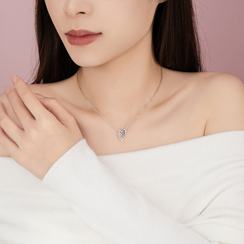 Lovely Sterling Silver 925 Necklace Women's Fashion All-Match Lucky Clover Clavicle Chain Ins Bow Key Pendant