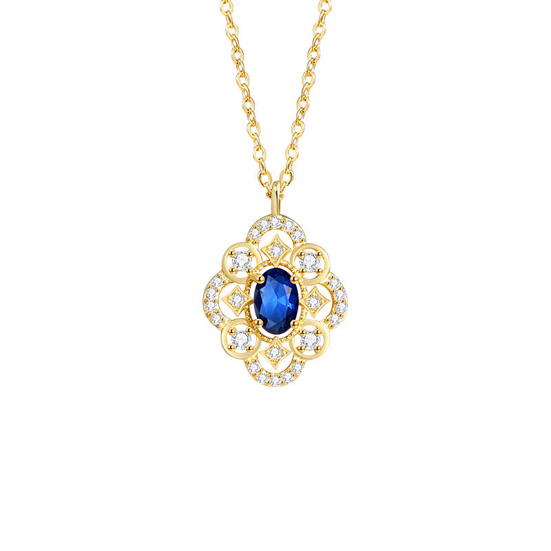 Clover Sterling Silver 925 Necklace Female Niche Design Light Luxury Blue Zircon Flower Clavicle Chain Ins Love Pendant