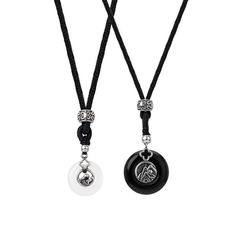 Love Oath Couple Safety Buckle S925 Sterling Silver Necklace Black Agate White Chalcedony Pendant Valentine's Day Gift