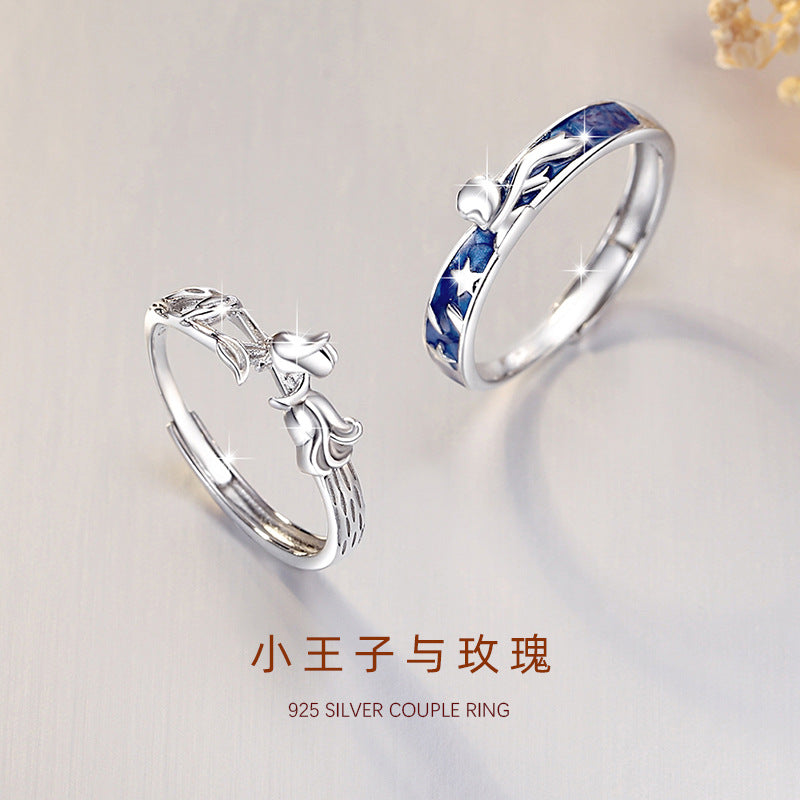Little Prince and Rose Sterling Silver 925 Couple Ring Men and Women Fashion All-Match Ring Ins Style Star Ring