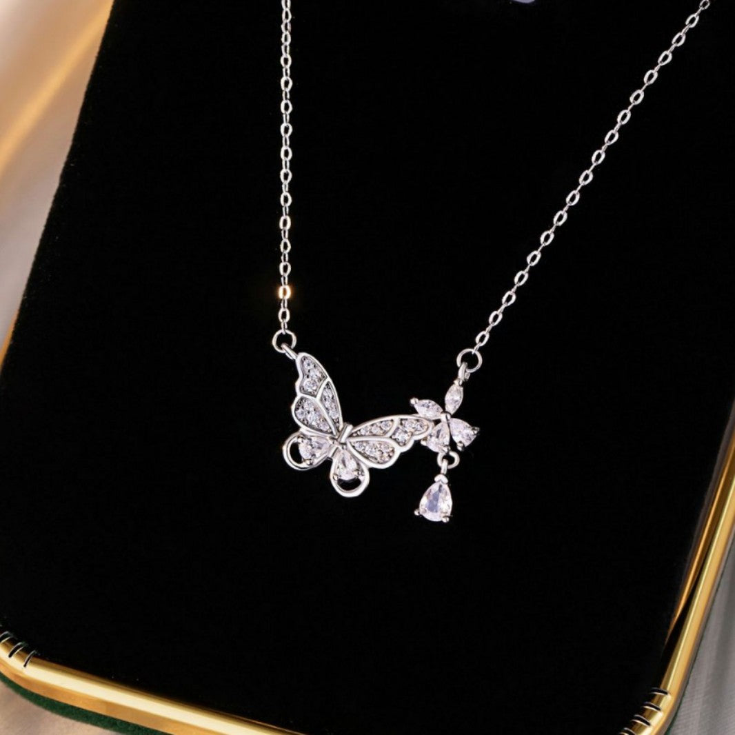 Butterfly Pure Silver 999 Necklace Female Niche Design Light Luxury Flower Zircon Clavicle Chain Small Red Book Same Pendant