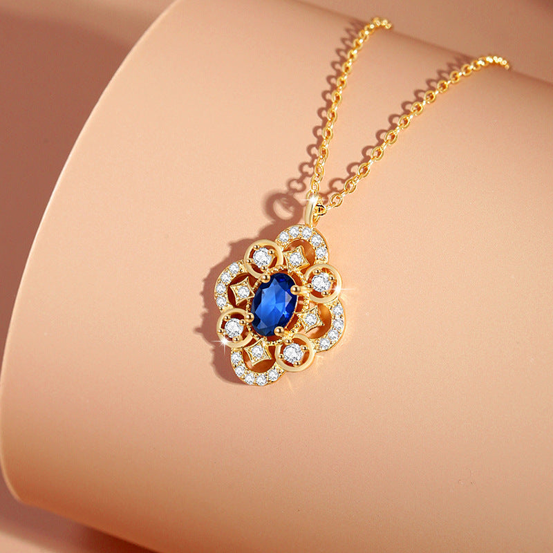 Clover Sterling Silver 925 Necklace Female Niche Design Light Luxury Blue Zircon Flower Clavicle Chain Ins Love Pendant