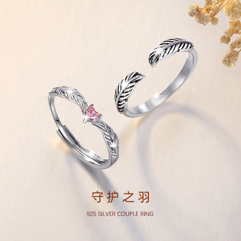 Guardian Feather Pure Silver 925 Couple Ring Men and Women Fashion All-Match Feather Ring Get Things Ins Love Ring