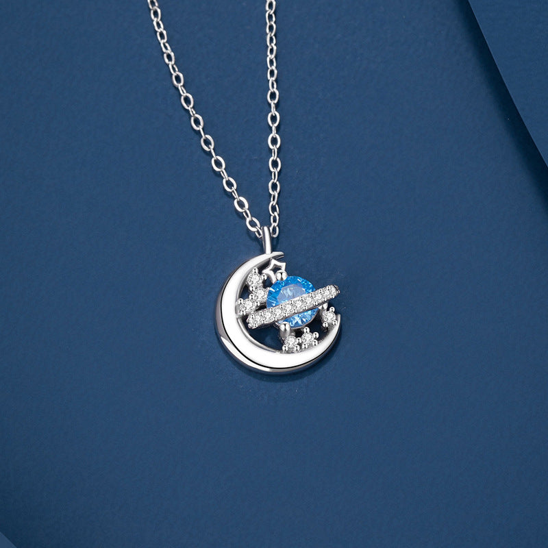 Romantic Planet Sterling Silver 925 Necklace Women's Fashion All-Match Star River Clavicle Chain Ins Style Star Moon Pendant