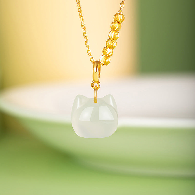 Lucky Beads Lucky Kitten White Chalcedony Pendant S925 Silver Necklace Female Popular Mori Niche Clavicle Chain Gift Female