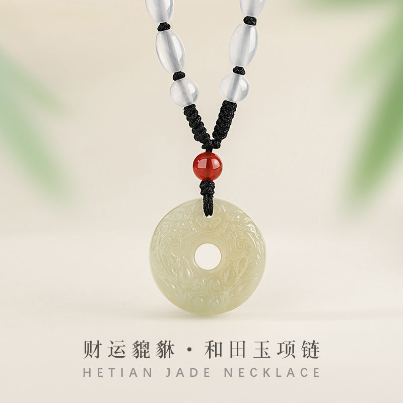 Natural Hetian Jade Safety Buckle Necklace Men's Light Luxury High-Grade Red Agate Necklace Coin Chalcedony Pendant