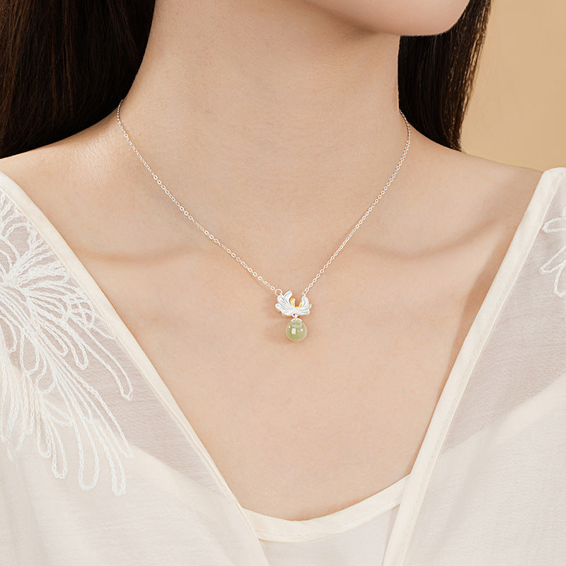 Twelve Flower God Sterling Silver 925 Necklace Women's Light Luxury High-Grade Natural Hetian Jade Peach Blossom Clavicle Chain Flower Pendant